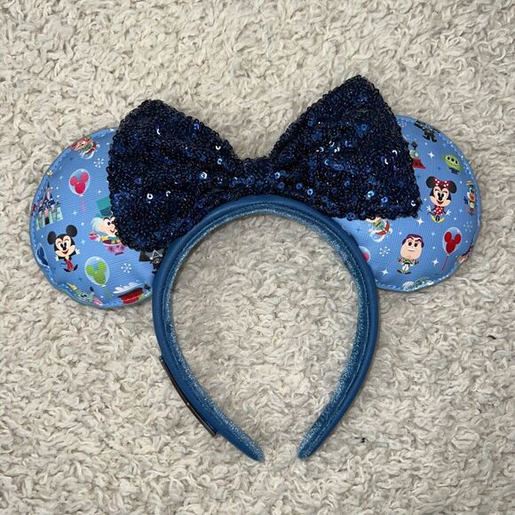 preowned Loungefly Disney Chibi Minnie Mouse Ears Headband blue sparkles - Picture 1 of 6